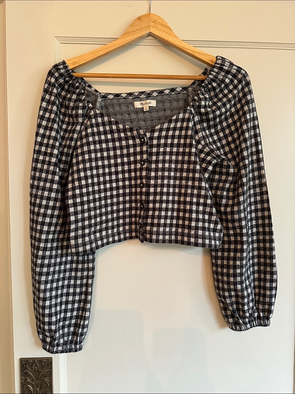 Madewell Black & White Gingham Button-Front Peasant Crop Top